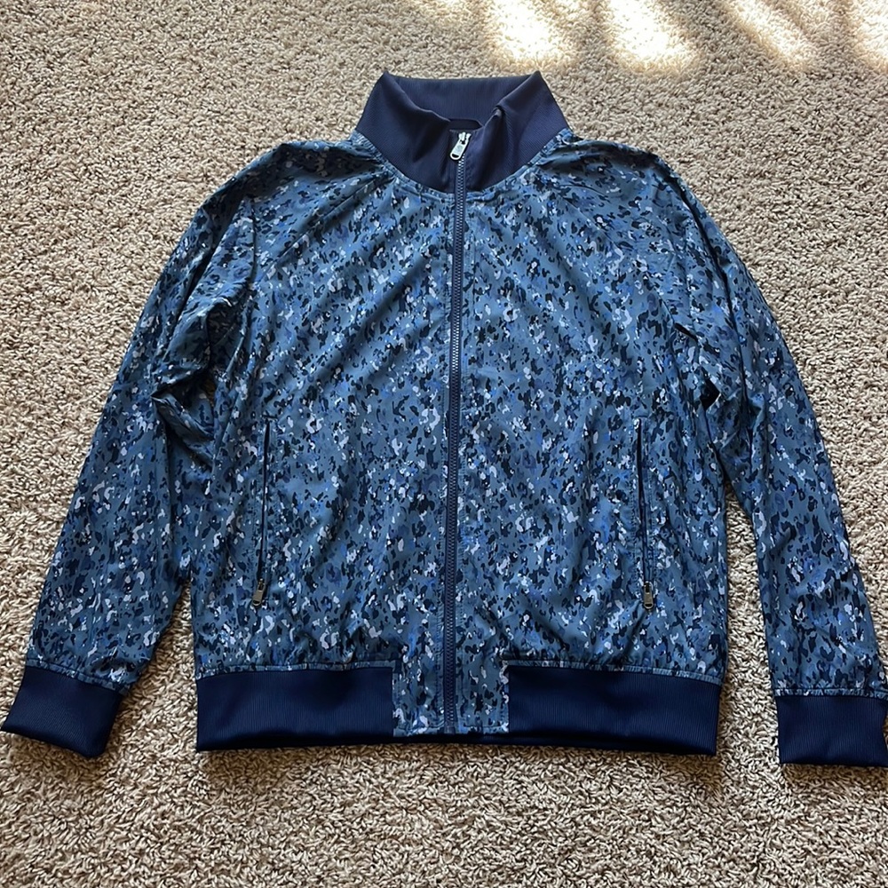 Athleta Bomber Jacket, blue abstract print, size large